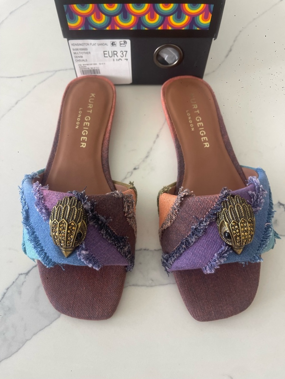 Kurt Geiger Multicolor Frayed Denim Slide Mules with Brass Emblem